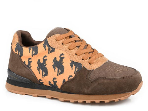 Roper Women's Brown Bow Sued and Tan Canvas Bucking Horse Shoe