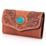 American Darling Tooled Leather Western Wallet - Turquoise Stone Inlay & Floral Design