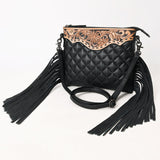 American Darling Quilted Leather Crossbody Black | Tooled Flap Fringe Purse