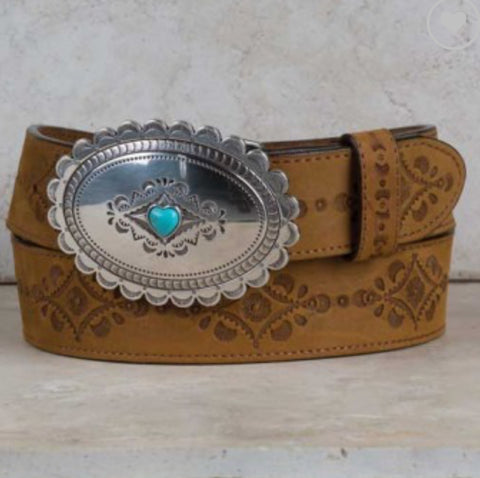 Justin Womens Native Heart Tooled Leather Belt