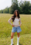Tan & Cream Checkerboard Sheer Mock Neck Top