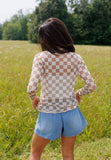 Tan & Cream Checkerboard Sheer Mock Neck Top