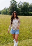 Tan & Cream Checkerboard Sheer Mock Neck Top