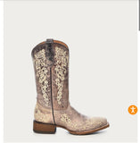 TEEN'S BONE COLOR FLORAL EMBROIDERY SQUARE TOE COWBOY BOOT