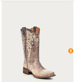TEEN'S BONE COLOR FLORAL EMBROIDERY SQUARE TOE COWBOY BOOT