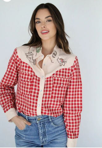 Howdy Hanna Red Gingham Embroidery Cowboy