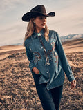 WOMEN'S EMBROIDERED HORSES BOYFRIEND WESTERN SNAP SHIRT