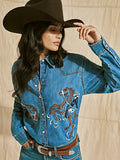 WOMEN'S EMBROIDERED HORSES BOYFRIEND WESTERN SNAP SHIRT