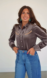 Howdy Hanny Women's Brown Velvet Pearl Snap Shirt