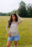 Tan & Cream Checkerboard Sheer Mock Neck Top
