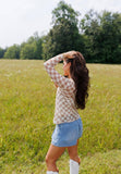 Tan & Cream Checkerboard Sheer Mock Neck Top
