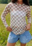 Tan & Cream Checkerboard Sheer Mock Neck Top