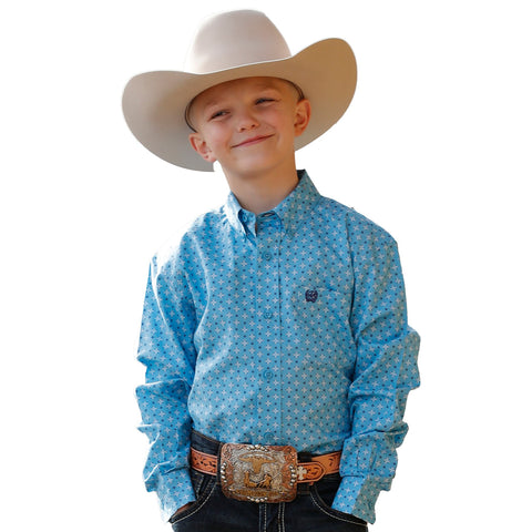 Cinch Boys' Light Blue Flower Print Button-Down Western Shirt