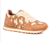 Roper Women's Brown Bow Sued and Tan Canvas Bucking Horse Shoe