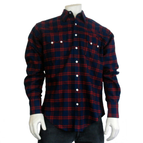 Men's Navy & Red Extra-Fine Pima Cotton Windowpane Plaid Western Shirt